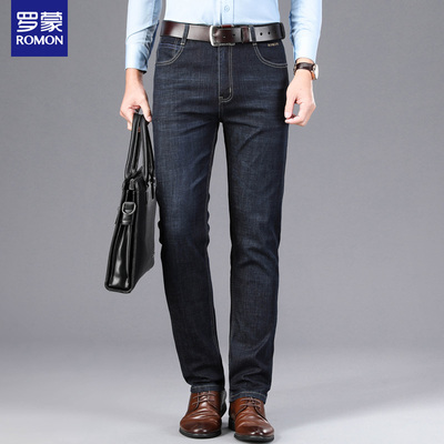 罗蒙牛仔裤男2025秋冬新款中年弹力商务直筒宽松加绒加厚休闲长裤