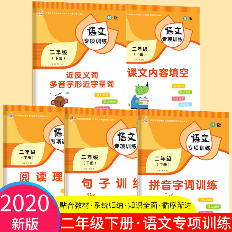 2020春二年级语文专项训练下册人教版 拼音字词近反义词课文内容填空阅读理解句子训练全套五本 小学阅读理解二年级专项训练书