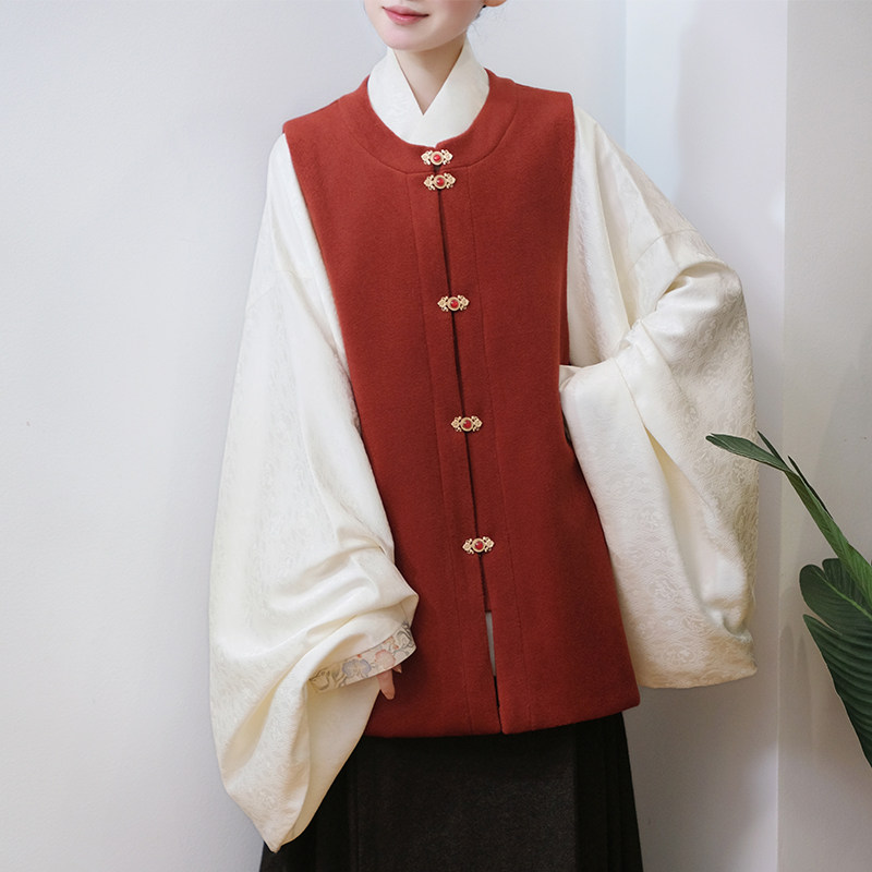 华序九章明制对襟圆领比甲百搭毛呢加口袋日常通勤红色汉服女秋冬