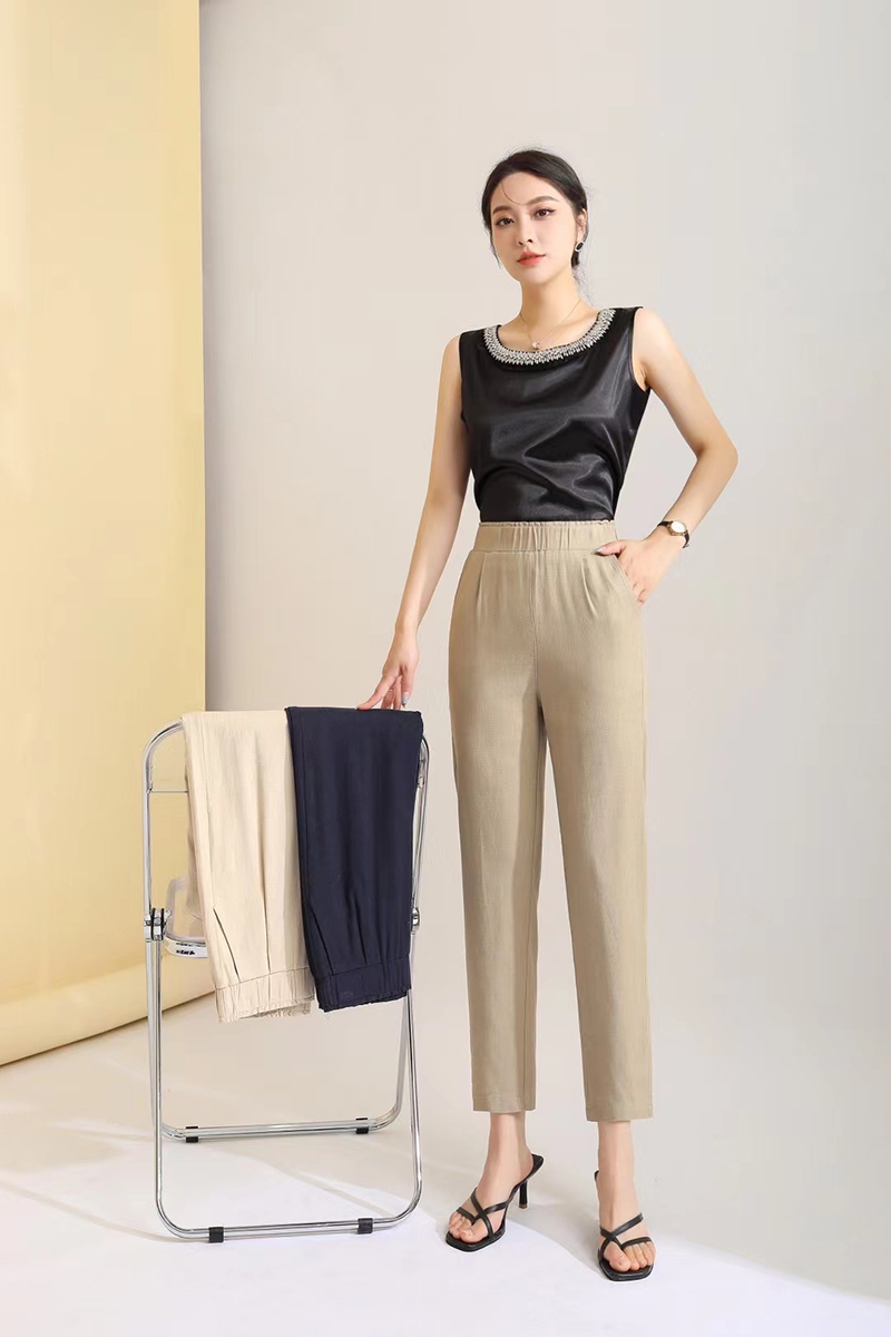 卡里卡女裤2215春夏新款休闲裤 妈妈装松紧腰小脚棉麻九分裤大码