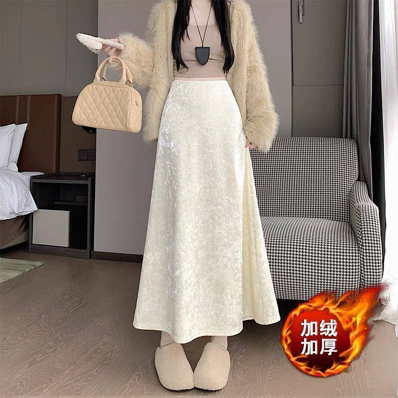 白色加绒加厚丝绒半身裙女秋冬小个子中长款高腰a字鱼尾包臀长裙