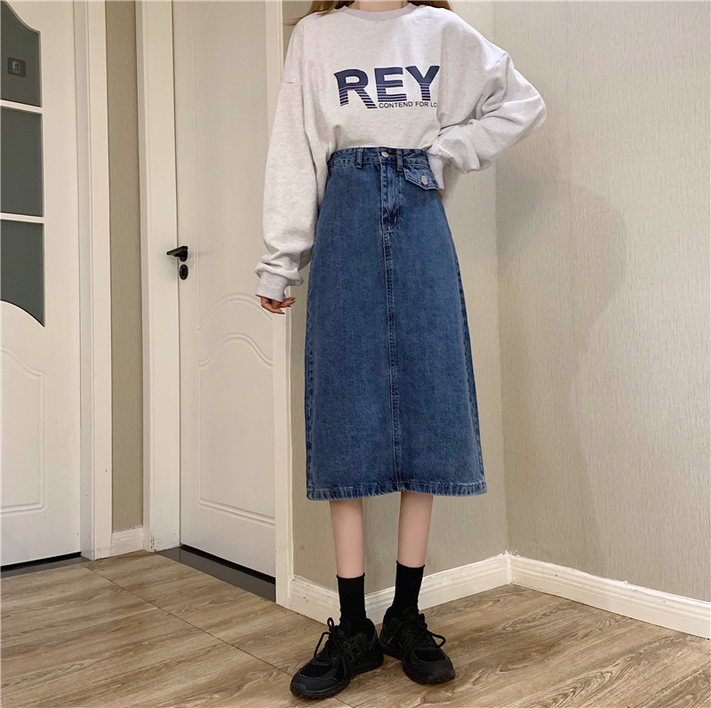Denim skirt children's autumn winter 2020 new split mid length high waist A-line slim package hip long skirt