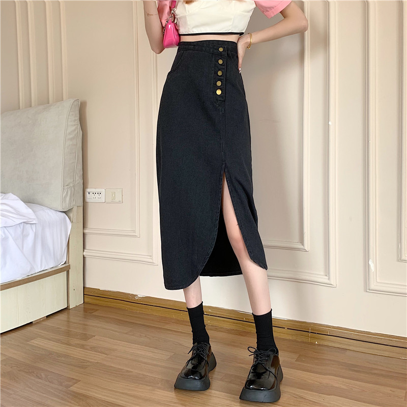 New design sense high waist split denim skirt women's summer Korean mid length skirt retro A-line skirt