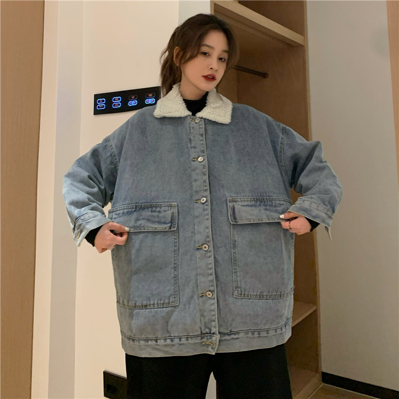 Harajuku style large pocket Plush Denim Jacket Women's winter Korean loose thickened denim cotton padded jacket