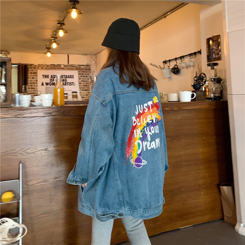 Denim Jacket Women's new year Korean casual rainbow print autumn loose tooling jacket student