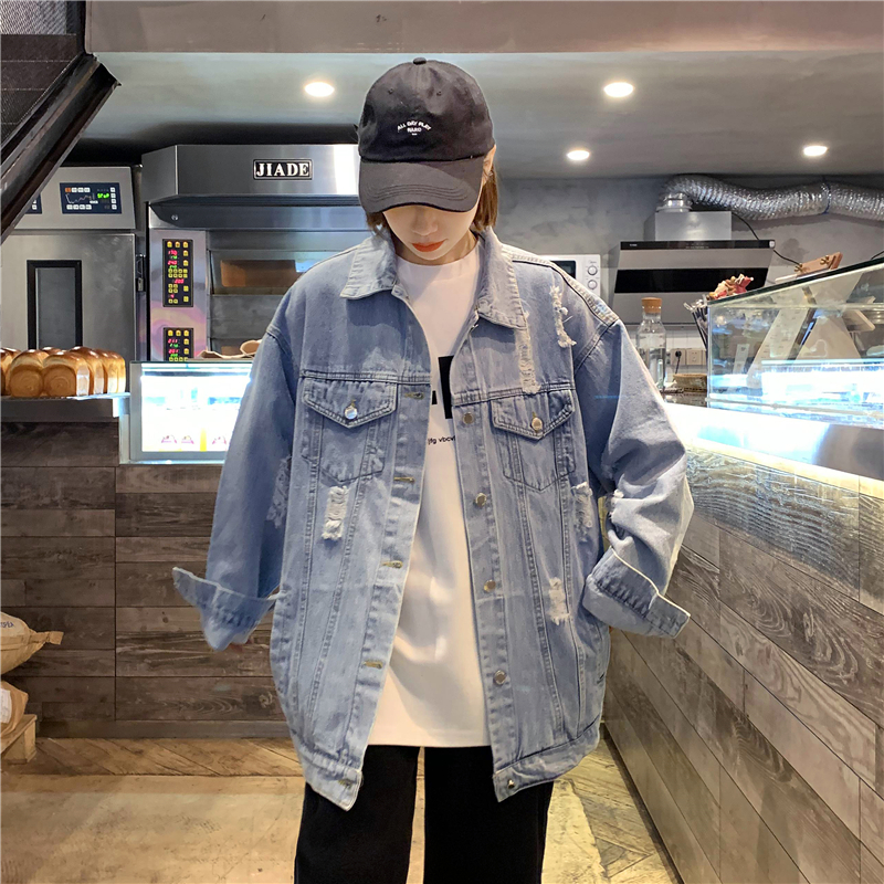 Women's loose hole coat Korean netred popular early autumn denim jacket trend