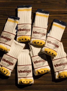 ARMOR MADNESS 日系粗线双针秋冬袜子中筒情侣拼接撞色条纹笑脸袜