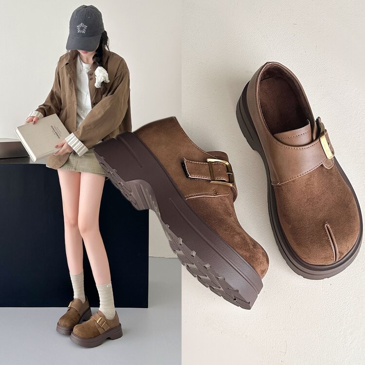 品牌断码真皮全包勃肯鞋女加绒2026冬季新款增高分趾乐福鞋棉鞋女
