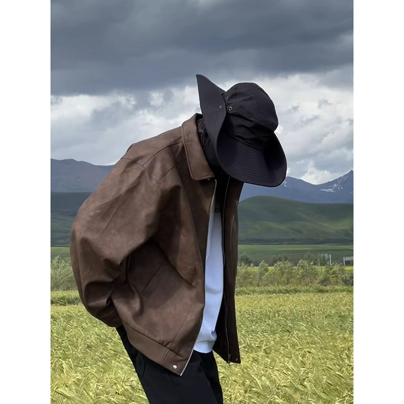 美拉德棕咖色复古PU皮衣外套男春秋款美式防水机车骑行服工装夹克