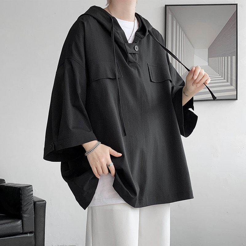 夏季连帽短袖t恤男叠穿大码七分袖薄款卫衣服男款速干运动上衣潮