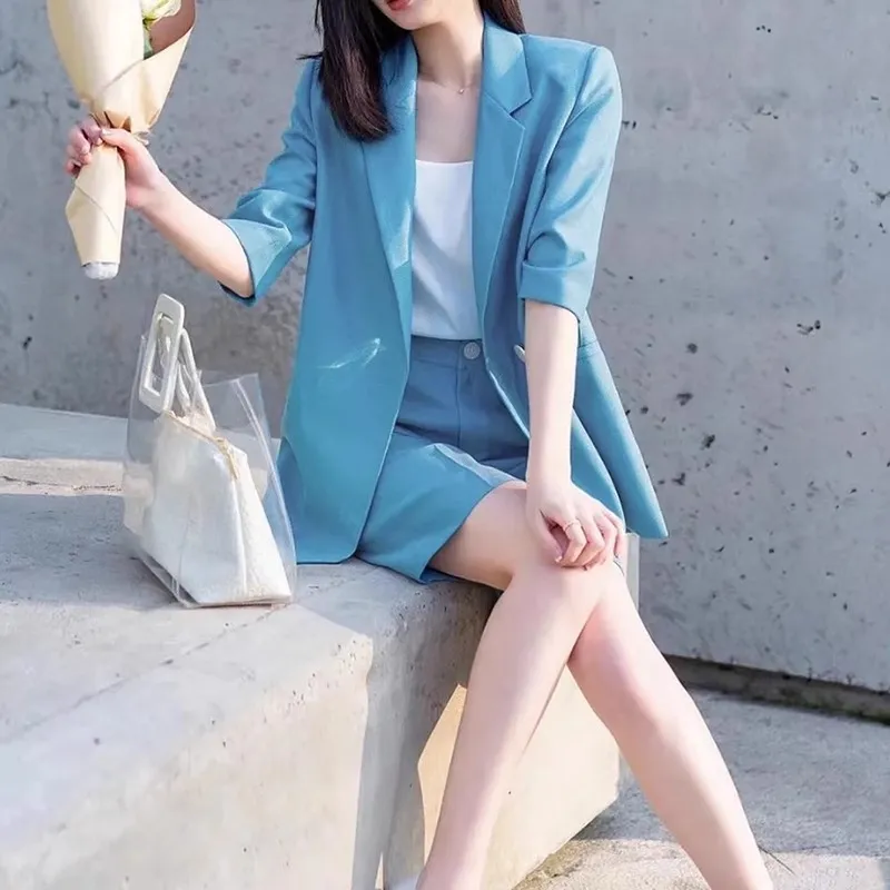 蓝色高级感宽松西装短裤套装女小个子夏季薄款时尚休闲短袖两件套