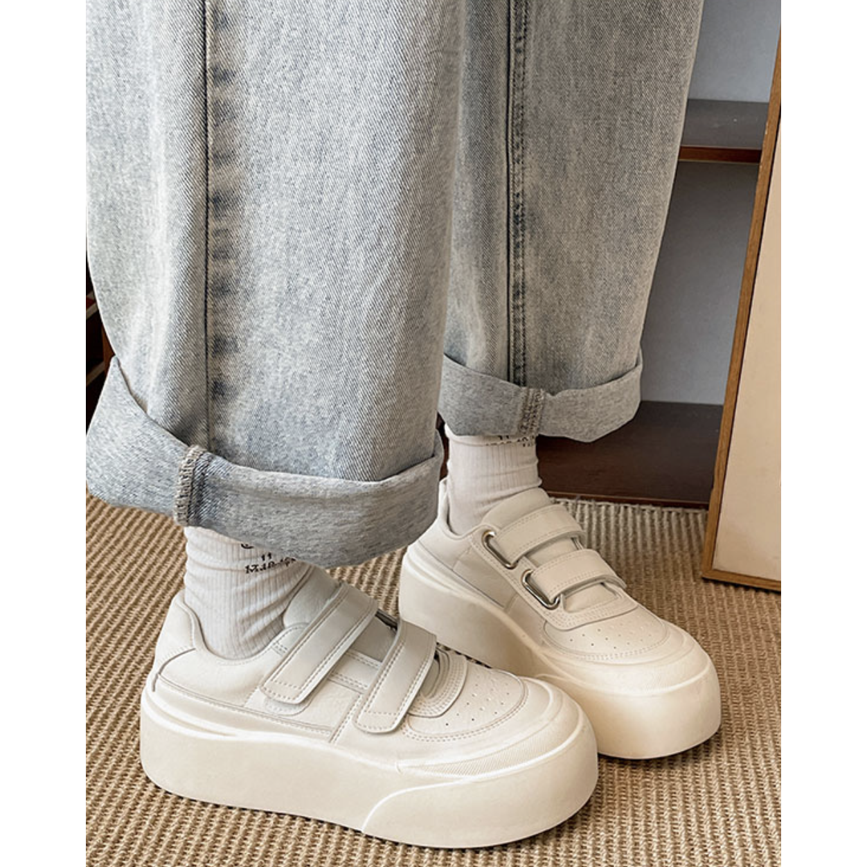 原小白白 增高6cm~厚底魔术贴板鞋真皮小白鞋女春夏新款,女鞋,休闲板鞋,淘宝优惠券,粉丝福利购,淘宝优惠卷