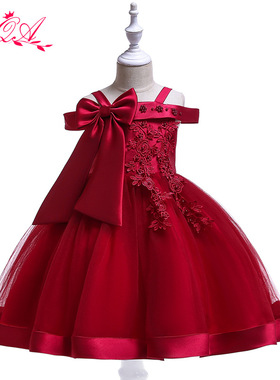 2024年款儿童礼服大蝴蝶结女童贴花公主裙一字肩红色新年装亚马逊