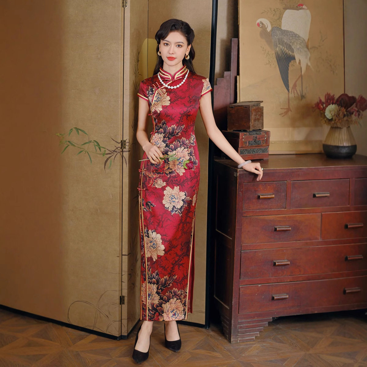 桑蚕丝红色旗袍喜妈妈喜婆婆礼服真丝感连衣裙2026夏季连衣裙女装
