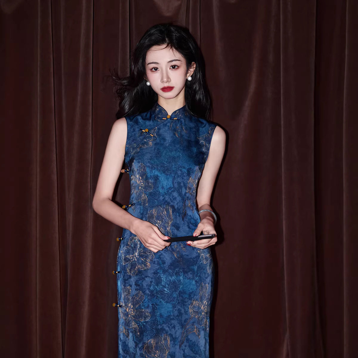 蓝色提花无袖改良旗袍复古温婉气质港风长款修身显瘦连衣裙日常款