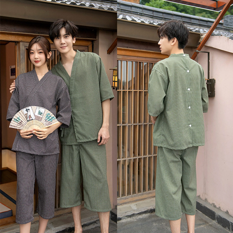 2026新款和服艾灸服前后开扣格子汗蒸服女理疗服素色开衫开背刮痧