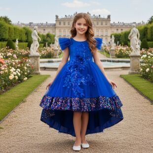 欧美女童裙公主拖尾裙飞飞袖绣花蓬蓬裙婚礼花童裙学校舞蹈表演服