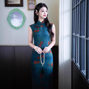 2026春夏新款旗袍绫罗缎无袖长款民国风文艺复古蓝色礼服连衣裙