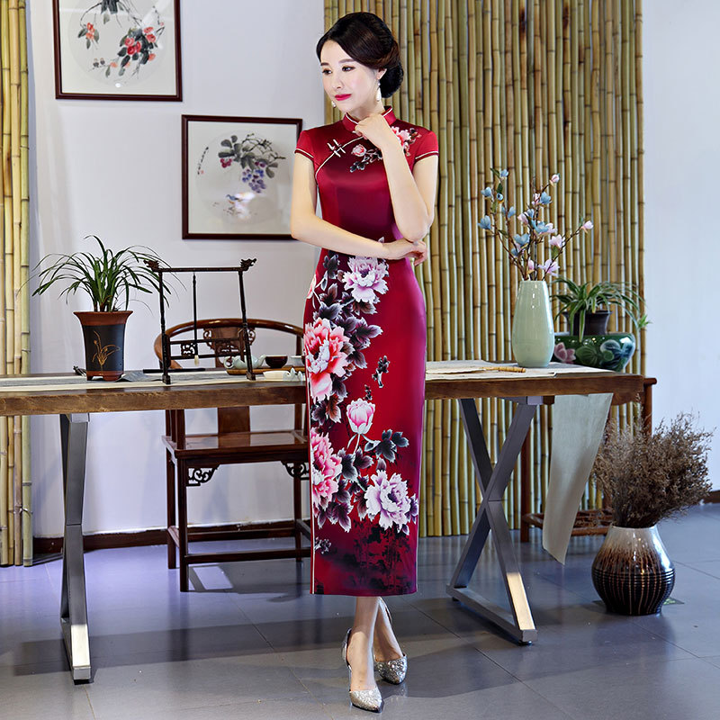 定位花双层长款旗袍2026新款女中式复古舞台走秀演出服装连衣裙