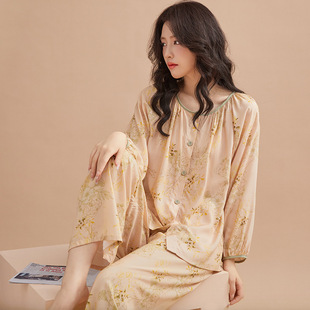 2026春夏新款睡衣女士长袖长裤40支全人棉绸开衫套装国风印花舒适