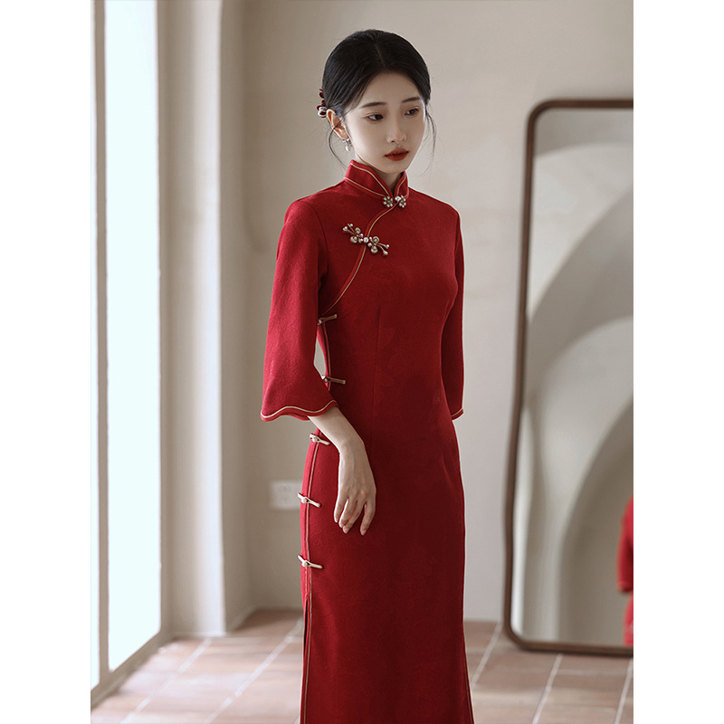 红色旗袍敬酒服春秋新中式新娘结婚改良年轻款回门订婚礼服连衣裙