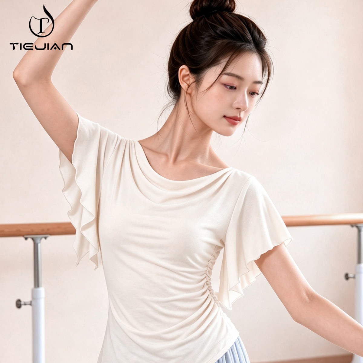 2026舞蹈服女荷叶短袖成人现代形体练功白色中国古典跳舞演出上衣