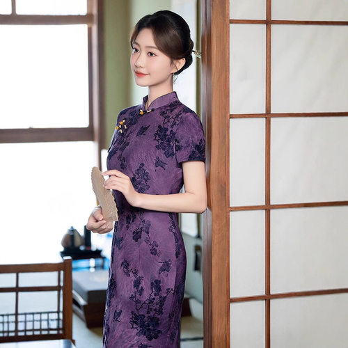 2026春款复古传统简约大气长款旗袍大码修身时尚宴会走秀礼服女装