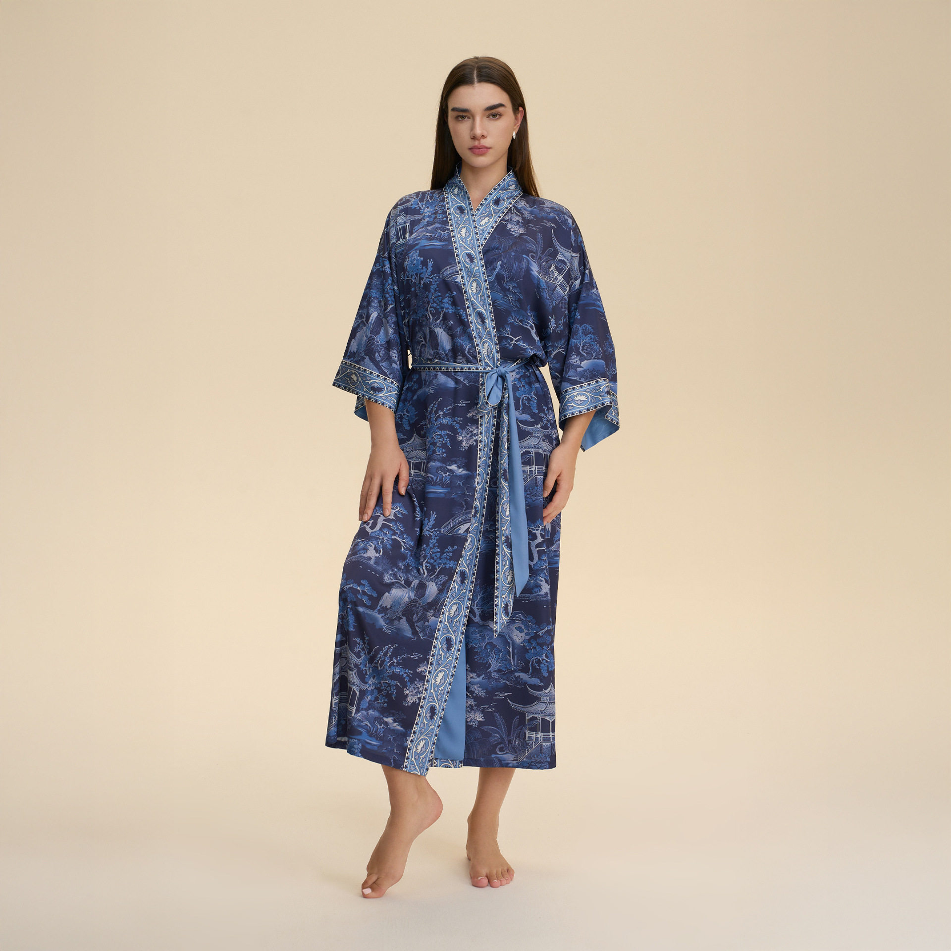 耀婷欧美跨境缎面长袖睡衣女士长款宽松舒适睡袍印花家居服春季