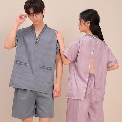 背开按摩服女暗条提花艾灸服男后背开扣大码情侣汗蒸服浴衣套装