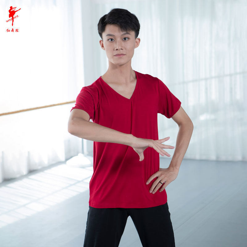 红舞鞋丝光棉前V鸡翼袖舞蹈上衣男现代舞蹈练功服健身运动表演