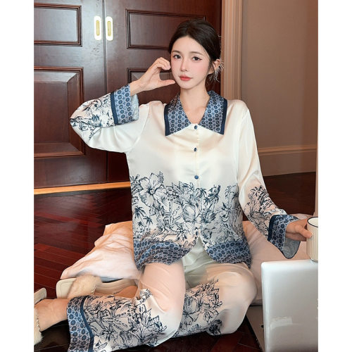 水墨蓝花轻奢优雅感睡衣女士冰丝丝绸秋冬长袖舒适家居服套装跨境
