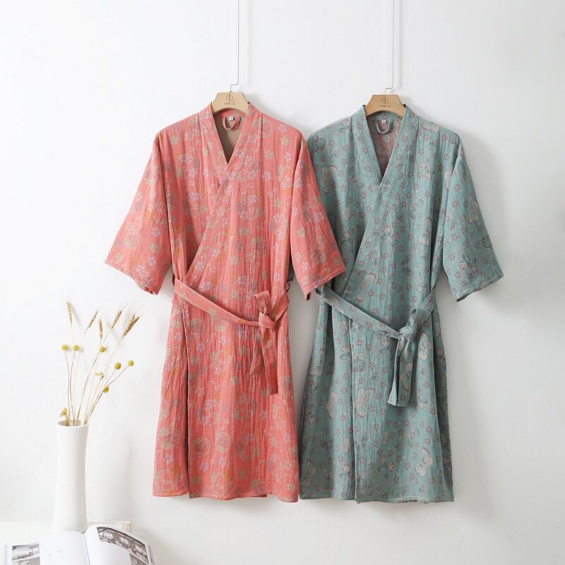纯棉纱布睡袍女士薄款全棉复古提花睡衣浴衣日式和服汗蒸服家居服