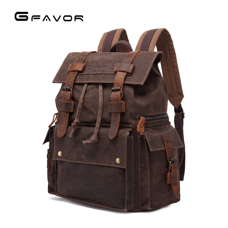 男士双肩包男帆布双肩包油腊帆布包户外旅行背包防水疯马登山跨境