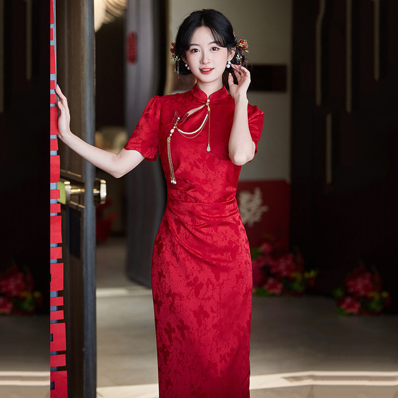 红色国风新中式改良旗袍2026新款女订婚礼服礼裙敬酒服新娘回门装