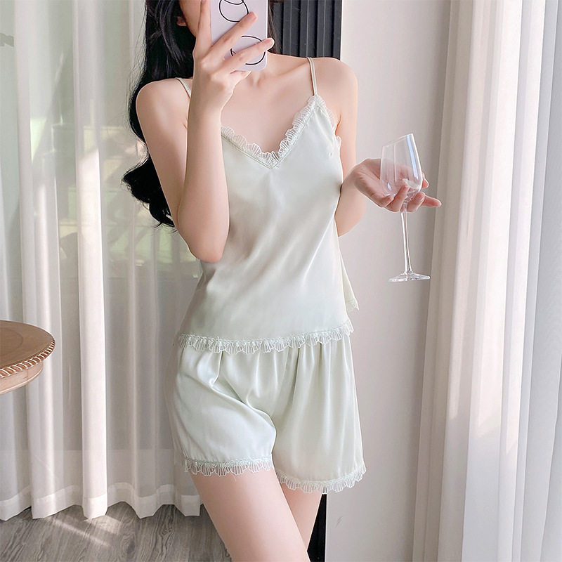 2026春夏新款冰丝睡衣v领吊带短裤套装花边睡衣女时尚家居服跨境