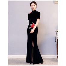 高端金丝绒旗袍长款优雅2025春秋冬款舞台走秀演出服加厚连衣裙