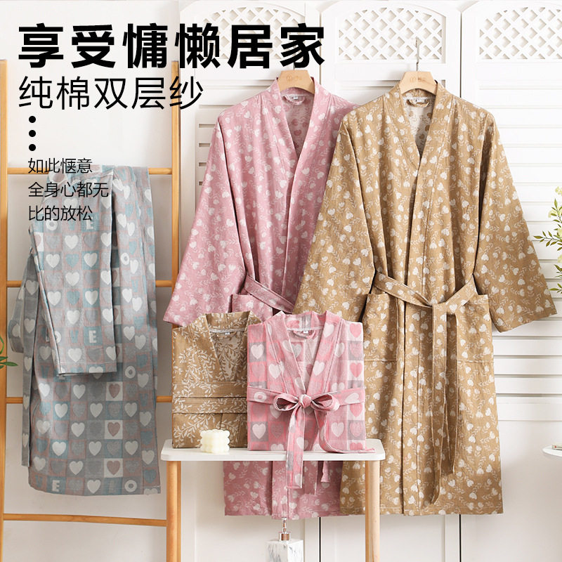 春夏薄款纯棉单层纱提花浴袍吸水速干情侣睡衣女士家居服睡袍跨境