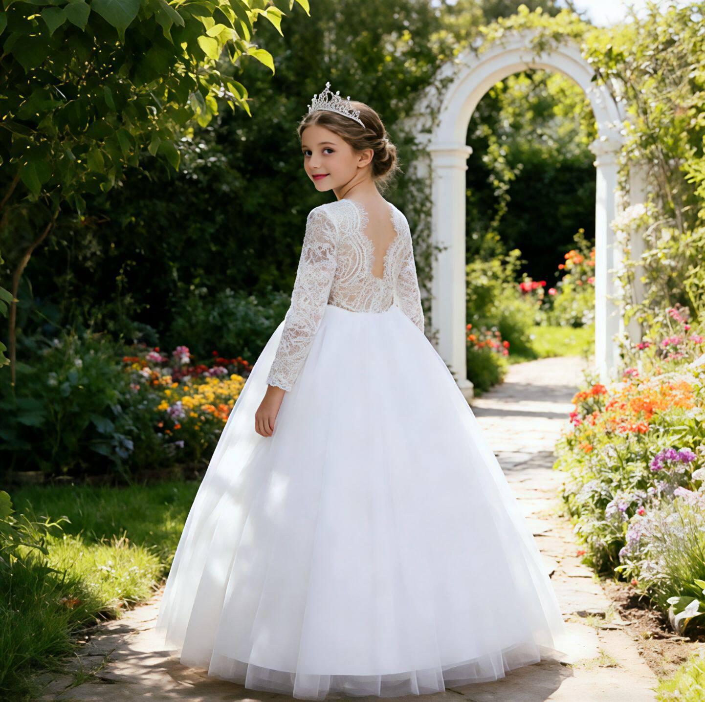 欧美儿童礼服裙女童长袖蕾丝镂空拖地婚纱公主连衣裙钢琴演出长裙