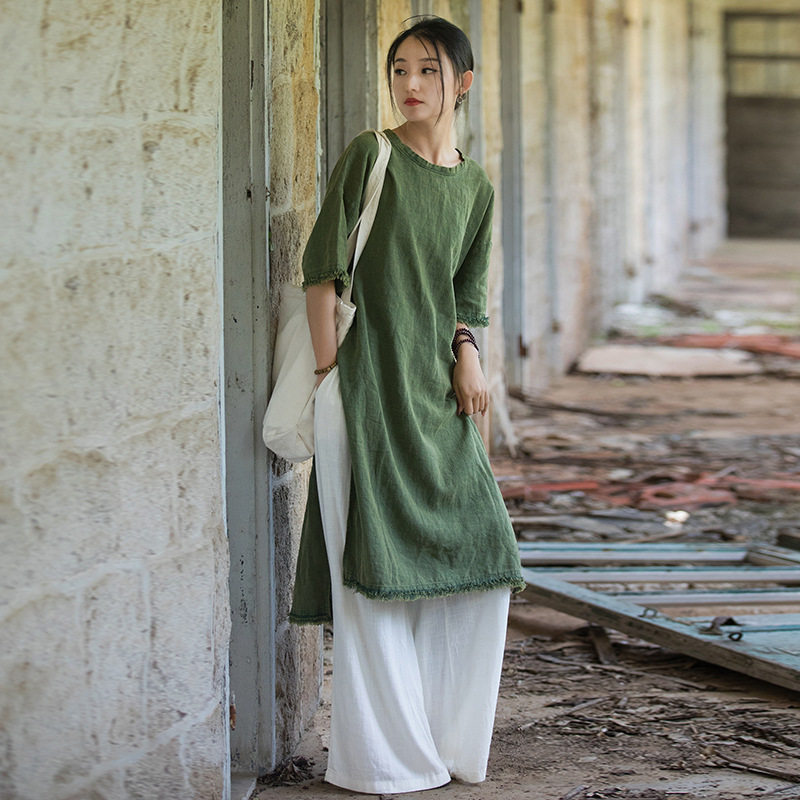 苎麻砂炒磨毛禅意袍五分袖连衣裙25春夏新品棉麻女装旅行休闲