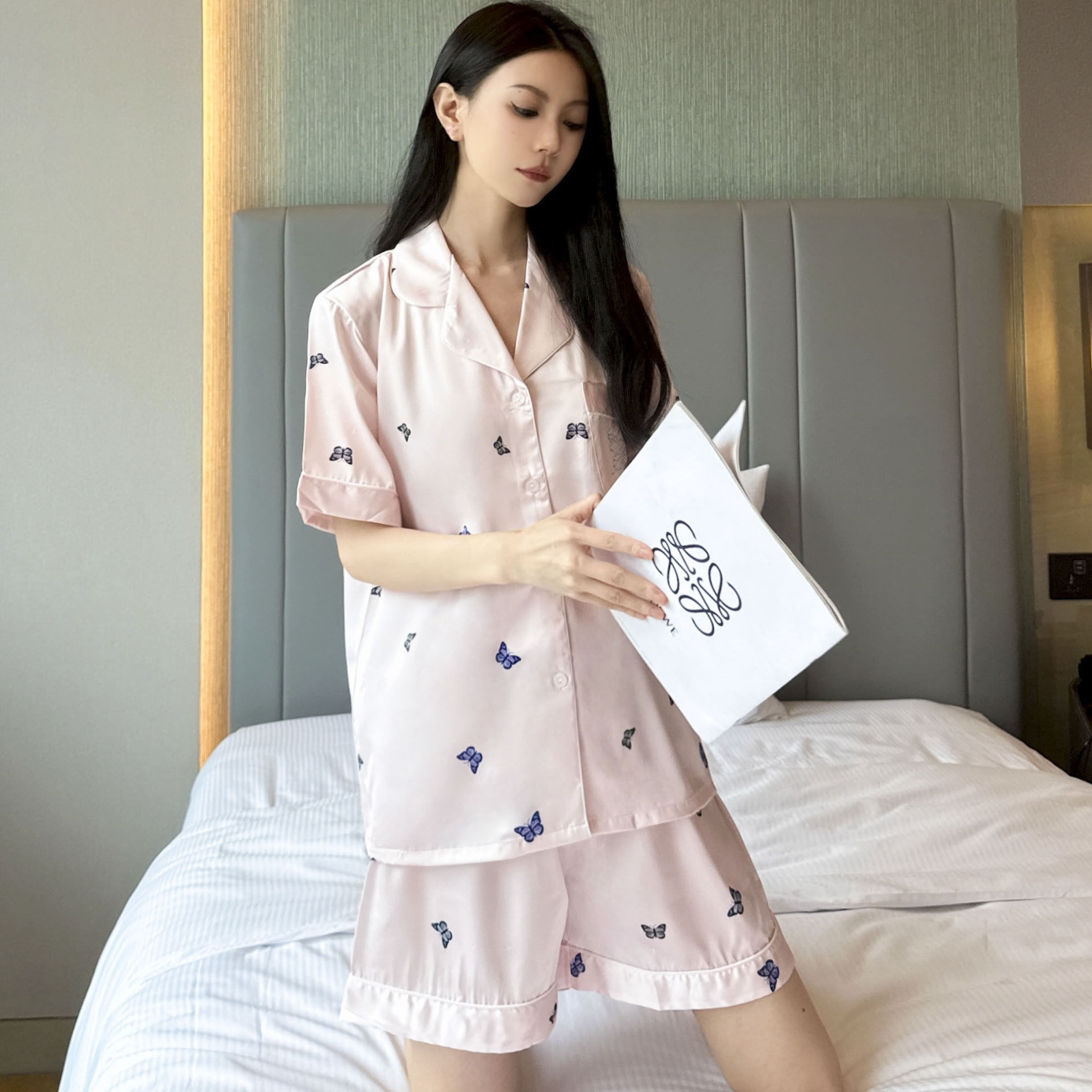 蝴蝶睡衣女夏款新款冰雪丝短袖三件套夏季居服薄款甜美女生套装