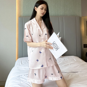 蝴蝶睡衣女夏款新款冰雪丝短袖三件套夏季居服薄款甜美女生套装