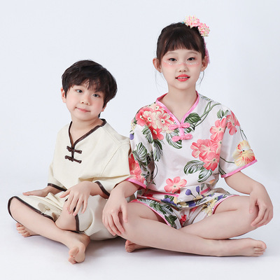 新款中国风家居服女童男童睡衣夏季家居服短裤短袖套装浴服汗蒸