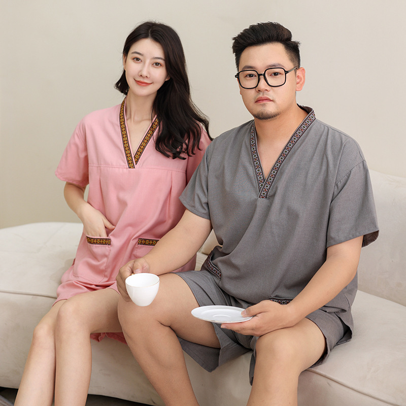 汗蒸服女大码贡麻胸部双层300斤男款足疗洗浴按摩浴衣家居睡衣