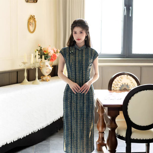 2026春夏款旗袍新中式民国风条纹短袖收腰显瘦汉麻面料礼服连衣裙