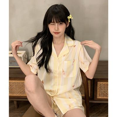 缤纷水果情侣睡衣卡通可爱风春夏季双短冰丝凉爽舒适家居服套装