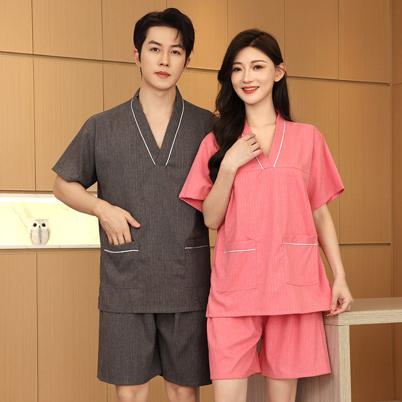 汗蒸服女条纹情侣大码男桑拿服足疗洗浴按摩浴衣家居睡衣苎麻