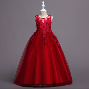 儿童礼服公主连衣裙蕾丝网纱长款礼服裙花童蓬蓬裙表演礼服外贸