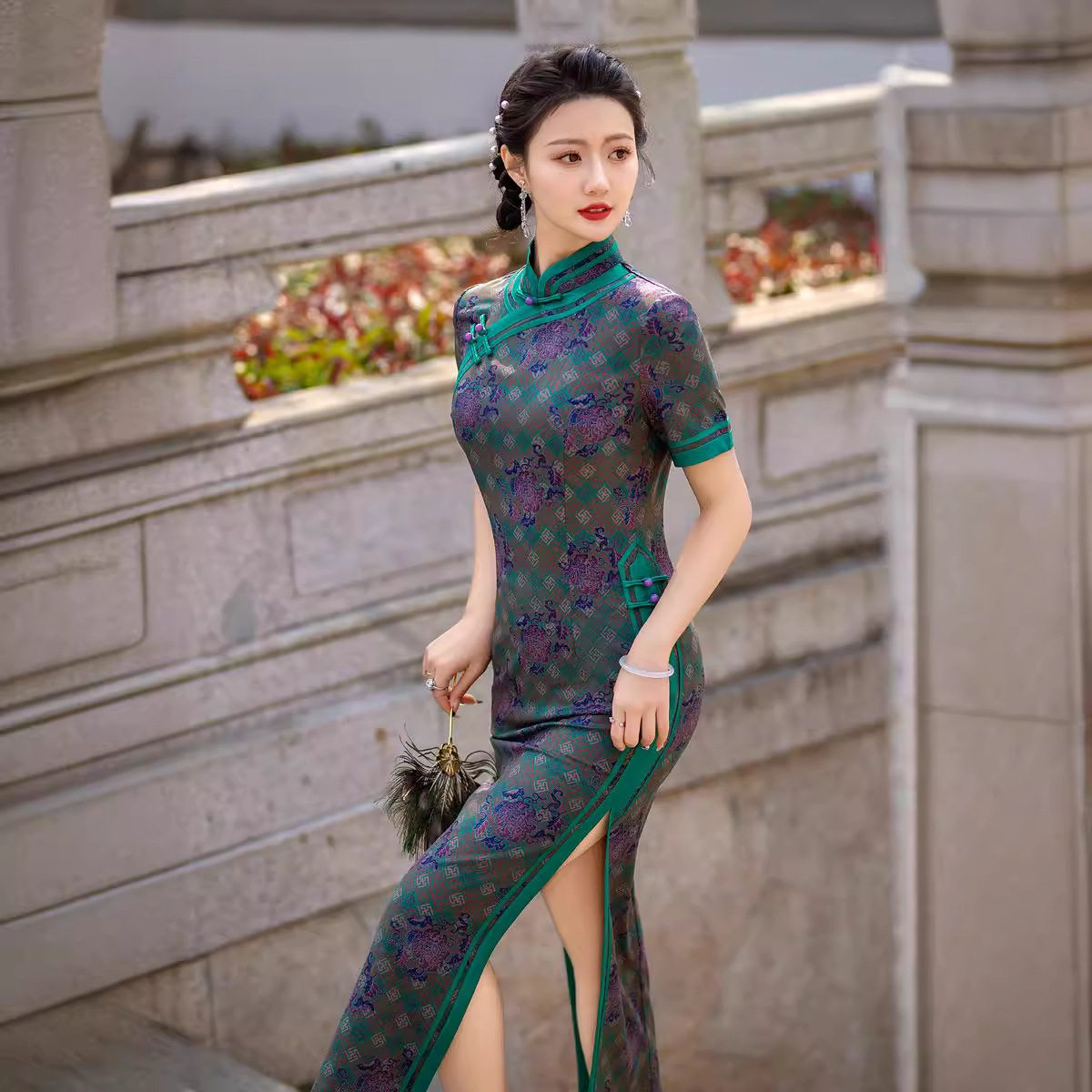 旗袍改良连衣裙小个子中年妈妈2026夏季日常可穿A版礼服开叉长裙