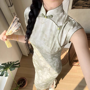 气质优雅淑女炒色提花2026夏季新款淡雅古风文艺长款小包袖旗袍