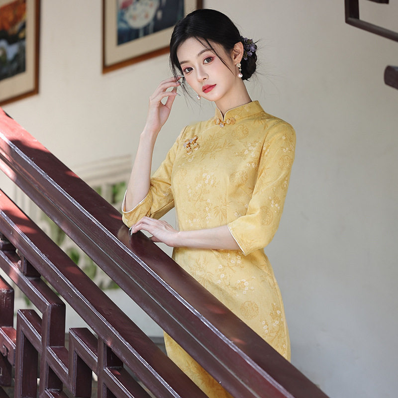 黄色旗袍国风新中式长款改良长袖礼服春秋季2026年新款年轻款女
